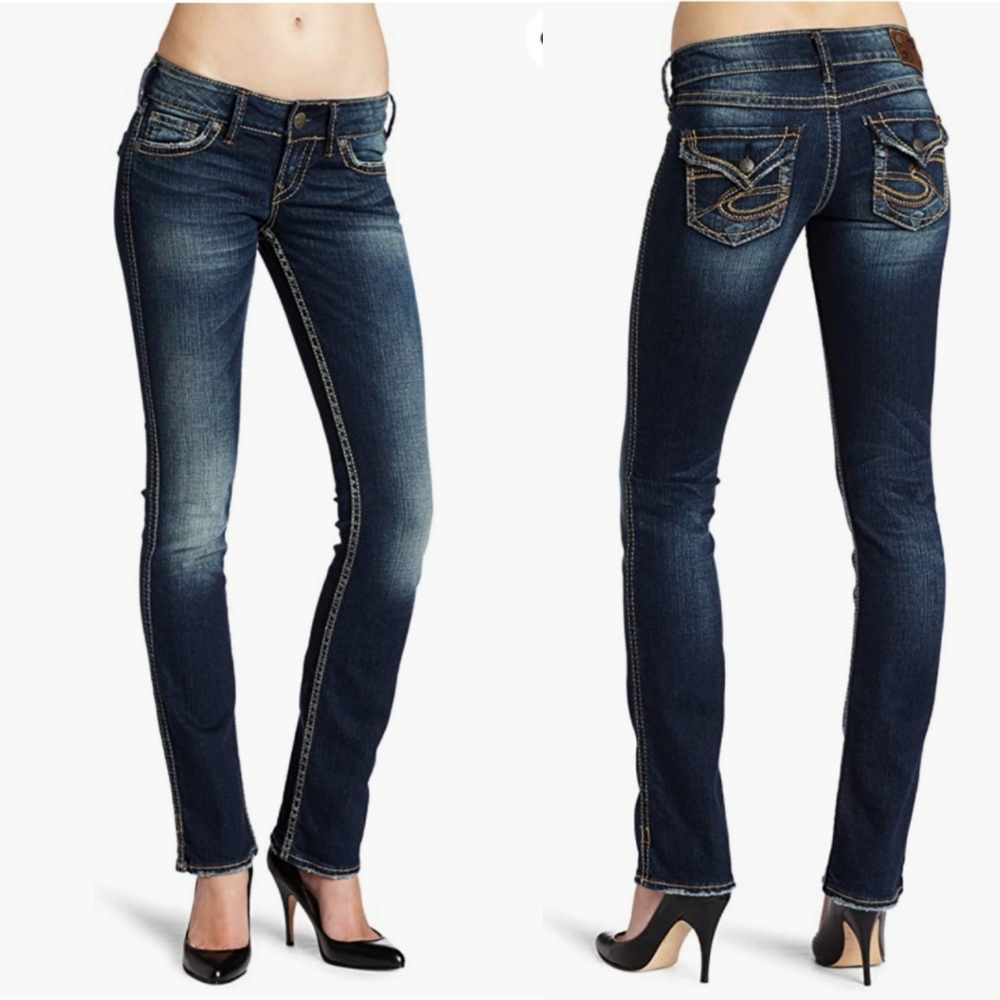 NEW! SILVER JEANS Womens Mckenzie Dark Wash Flap Embroidered Straight Leg Jeans